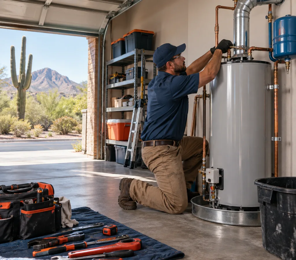 Plumber connecting a new water heater in a Tucson garage