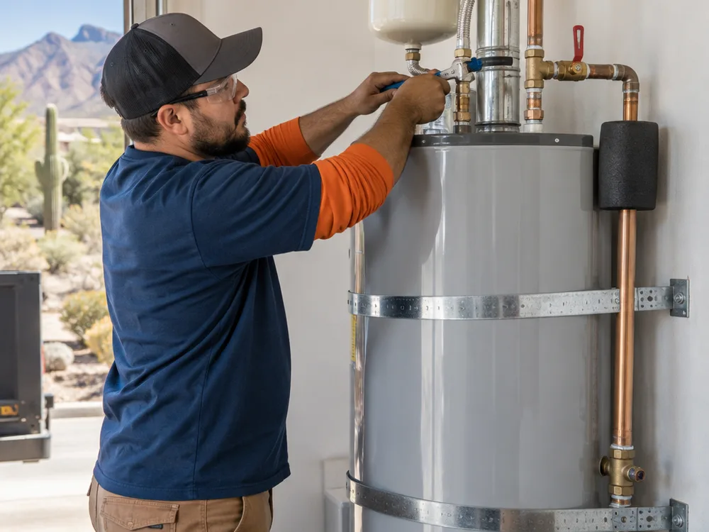 New water heater with secure straps and clean supported connections