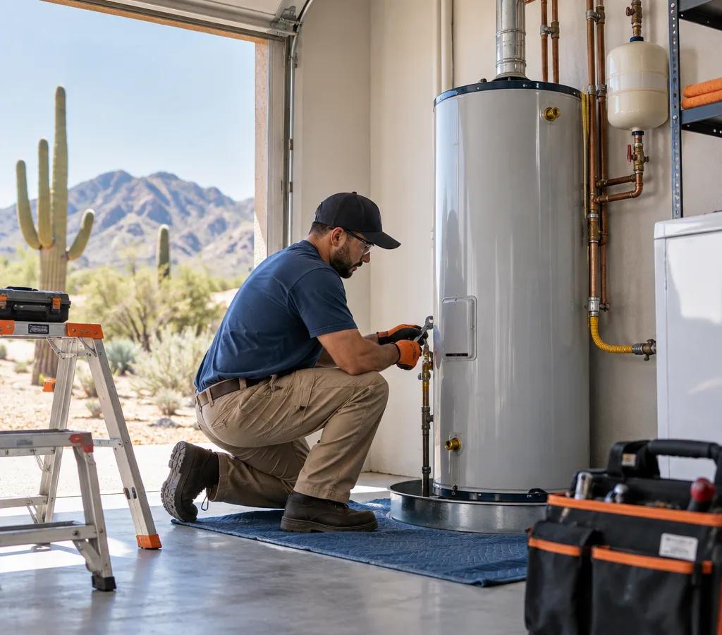 Technician installing a new tank water heater in a garage