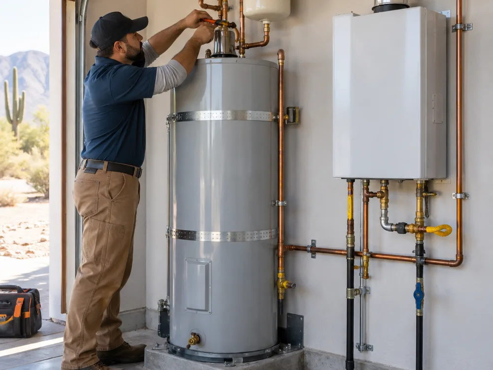 Wall-mounted tankless water heater next to a tank heater