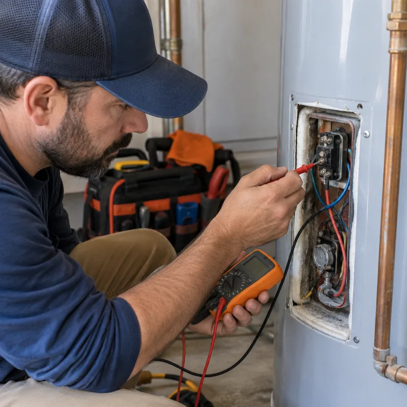 Technician testing water heater wiring with a multimeter