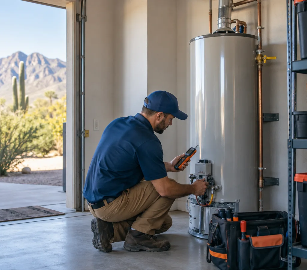 Technician testing a gas water heater control