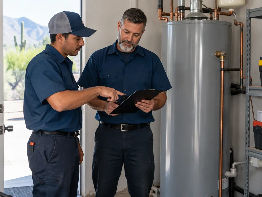 Technicians reviewing a water heater replacement checklist in a Tucson utility room